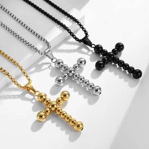 Three-color stainless steel cross pendant necklaces in gold, silver, and black finish