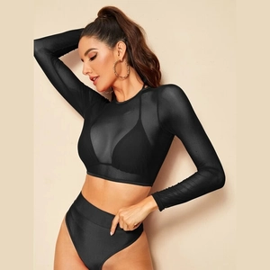 Three-piece black bikini set with long sleeve mesh cover-up and high waist bottoms