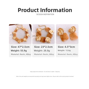 Detail view of necklace, bracelet and earrings dimensions and material specifications