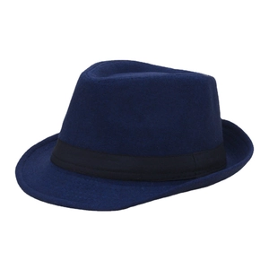 Classic navy blue wool felt fedora hat with black ribbon band for adults