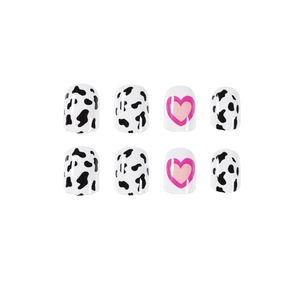 Cow pattern and pink heart press-on nails with rounded square shape on white background