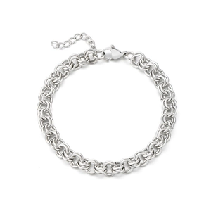 Bracelet en acier inoxydable argenté poli avec double chaîne et fermoir mousqueton