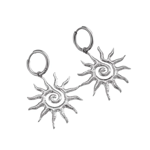 Silver 18k stainless steel hoop earrings with sun spiral pendant and textured finish