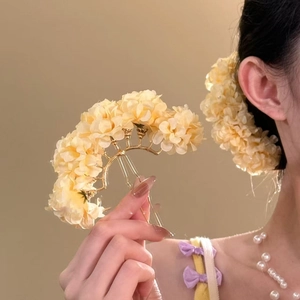 Elegant Chinese style light yellow fabric flower hairpin with golden U-shaped metal base