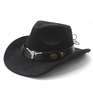 Classic black faux suede western cowboy hat with decorative silver bull head metal accessory