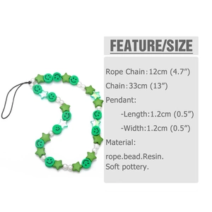Bohemian smiley face and pearl beaded phone lanyard with green acrylic stars and resin beads