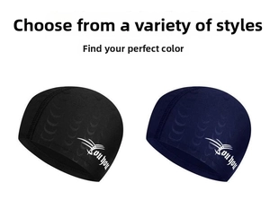 Detailed view of black and navy swimming caps with horizontal anti-slip texture and logo
