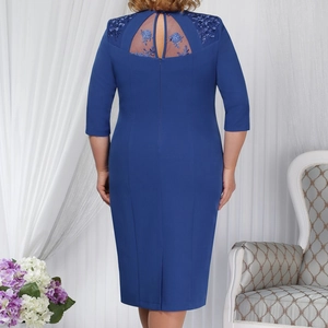 Royal blue A-line midi dress with 3/4 sleeves and lace embroidery back detail