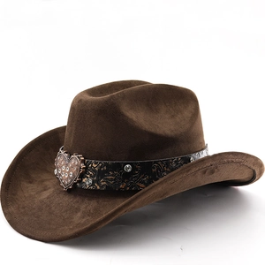 Western Cowboy Hat Retro Suede Wide Brim Vintage Fedora With Heart Buckle Rhinestones Paisley Strap For Women Men