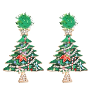 Christmas tree stud earrings with colorful rhinestones, enamel motifs and green pom-poms