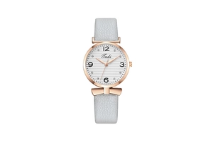 Close-up of Tadi quartz watch with rose gold case, bow decoration, and blue leather strap