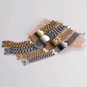 Polished stainless steel Cuban link bracelets in gold and silver with metal plates