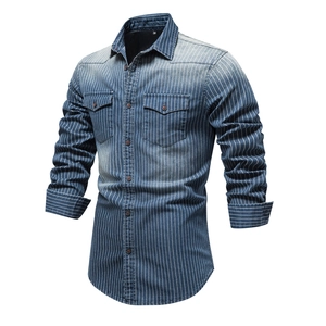 Detailed close-up of blue striped heavy-wash denim shirt with dual chest flap pockets