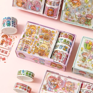 Cute cartoon stationery gift box set with colorful washi tapes and assorted DIY stickers
