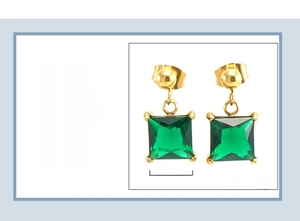 Detail of 18K gold-plated stainless steel earrings with square green gemstones and specs