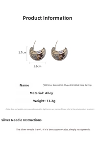 Silver C-shape crinkle stud earrings with 925 silver needle and dimensions info