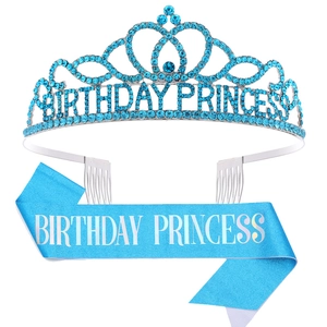 Sky blue Birthday Princess rhinestone tiara and glitter sash set for party celebrations