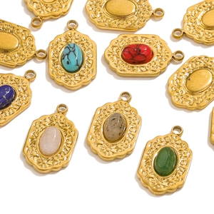 18K gold plated titanium steel natural stone pendants with embossed patterns and colorful gems