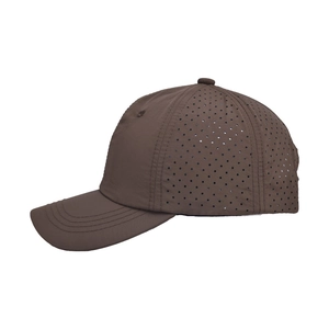 Detail of dark brown breathable mesh baseball cap with side laser-cut ventilation holes