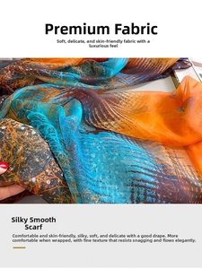 Macro detail of abstract print silk scarf showing soft drape and lightweight chiffon texture
