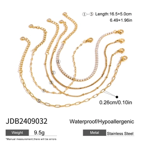 5Pcs set of golden stainless steel chains and tennis bracelets with zircon accents