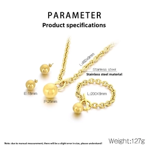 Detail view of gold stainless steel jewelry set with spheres and toggle clasp measurements