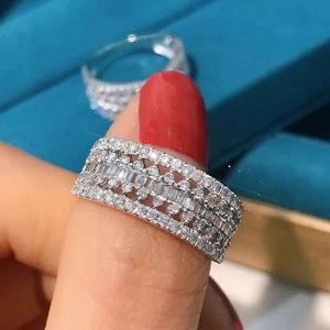 Luxury multi-row silver plated hollow ring with square and round diamond crystals