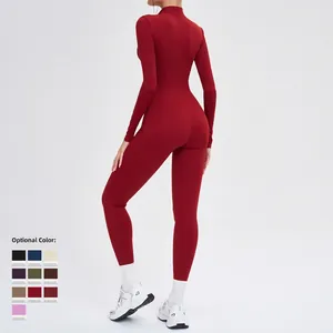 Slim fit long sleeve thermal yoga bodysuit in wine red with ten color options available