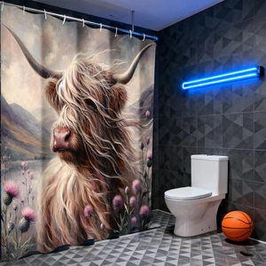 Detail of high-definition highland cow print on thick waterproof polyester shower curtain
