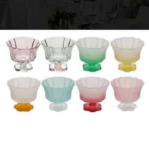 Detailed grid view of assorted colorful petal-shaped glass bowls with gradient frosted finish
