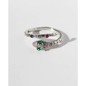 Adjustable snake ring in silver finish featuring colorful cubic zirconia gemstones