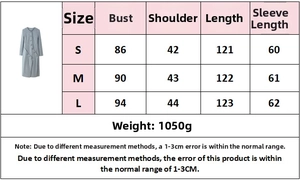 Detailed size chart for multi-button wool coat showing bust and length in centimeters