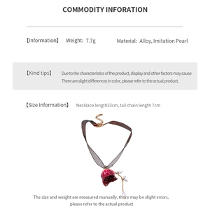 Detailed spec sheet of a red rose lace choker with pearls, showing dimensions and weight