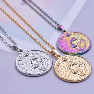 Polished stainless steel mushroom and celestial pendant necklace in gold, silver, and rainbow