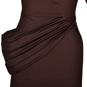 Close-up of side ruching detail and elastic fabric on a slim-fit dark brown elegant dress