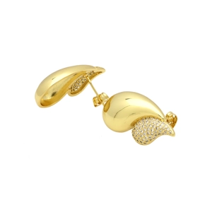 Macro shot of 18k gold plated curved stud earrings with white zircon paving
