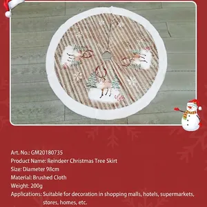 Reindeer Christmas tree skirt 98cm in diameter with striped pattern and white plush trim