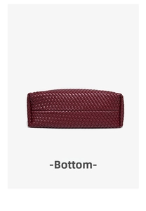 Detailed base view of the burgundy hand-woven leather crescent bag showing the weave
