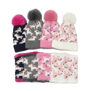 Kids Winter Knitted Hat And Scarf Set Cute Unicorn Pattern Jacquard Pom Pom Beanie Fleece Lined Neck Warmer For Boys Girls