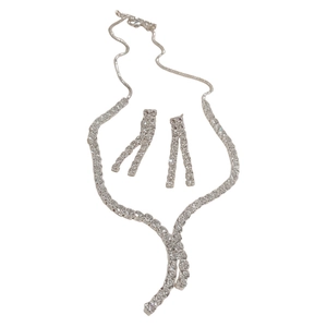 Silver Y-shaped tassel necklace and earrings jewelry set with sparkling zircon stones