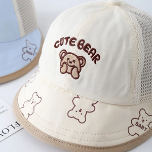 Infant summer sun hat with cute bear embroidery and breathable mesh for sun protection