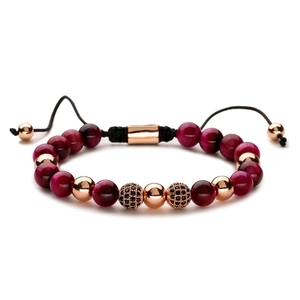 Braided men's bracelet with 8mm fuchsia tiger eye beads and rose gold zircon accents