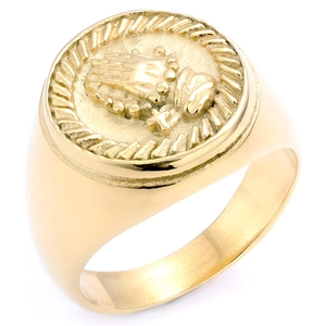 Nordic gold stainless steel ring with praying hands and cross relief on white background