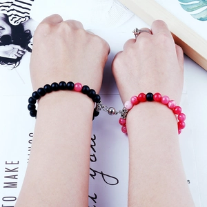 8mm natural stone couple bracelets with magnetic heart charm in black and red beads