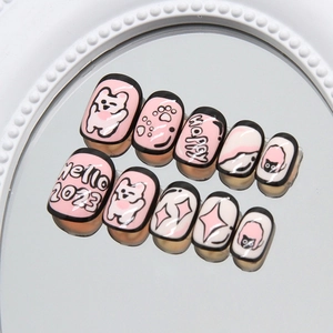 Cute Cartoon Rabbit Bear Press On Nails Pink Y2K Sweet Heart Pattern Glossy Finish Manicure