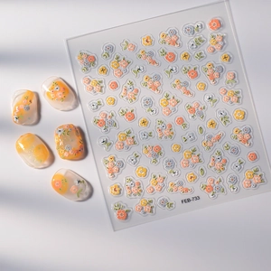 Floral relief nail stickers set with orange and blue flower patterns for luxury manicure