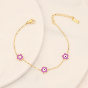 Sweet gold stainless steel bracelet with purple flower evil eye charms and extender