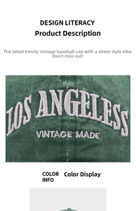 Close-up of white Los Angeles embroidery on a vintage washed green cotton baseball cap