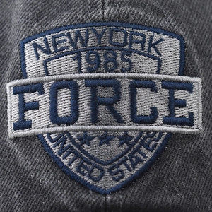 Gray washed denim baseball cap with FORCE New York 1985 shield embroidery detail