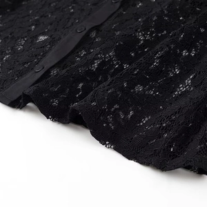 Close-up of black floral lace texture and button placket on a transparent blouse
